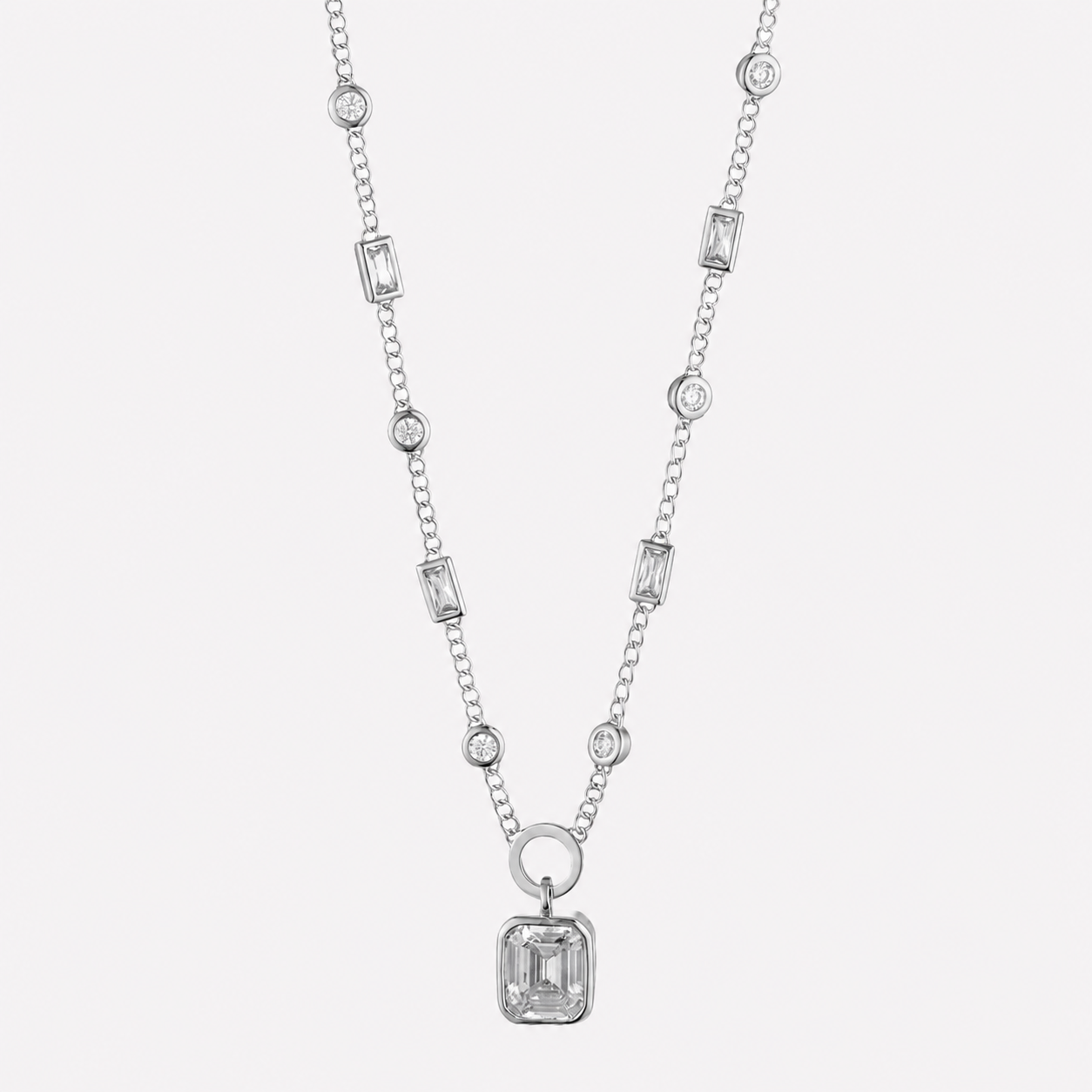 Bonheur Jewelry Indre Stone Pendant Necklace in rhodium silver or 18k gold plated finish with Swarovski crystal, detail view.