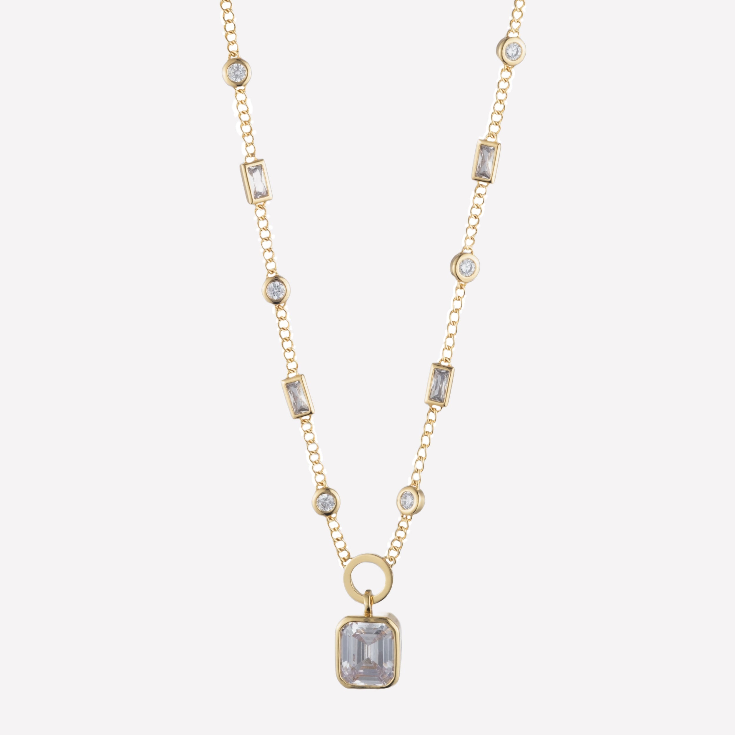 Bonheur Jewelry Indre Stone Pendant Necklace in silver or gold tones with Swarovski crystal pendant, front view.