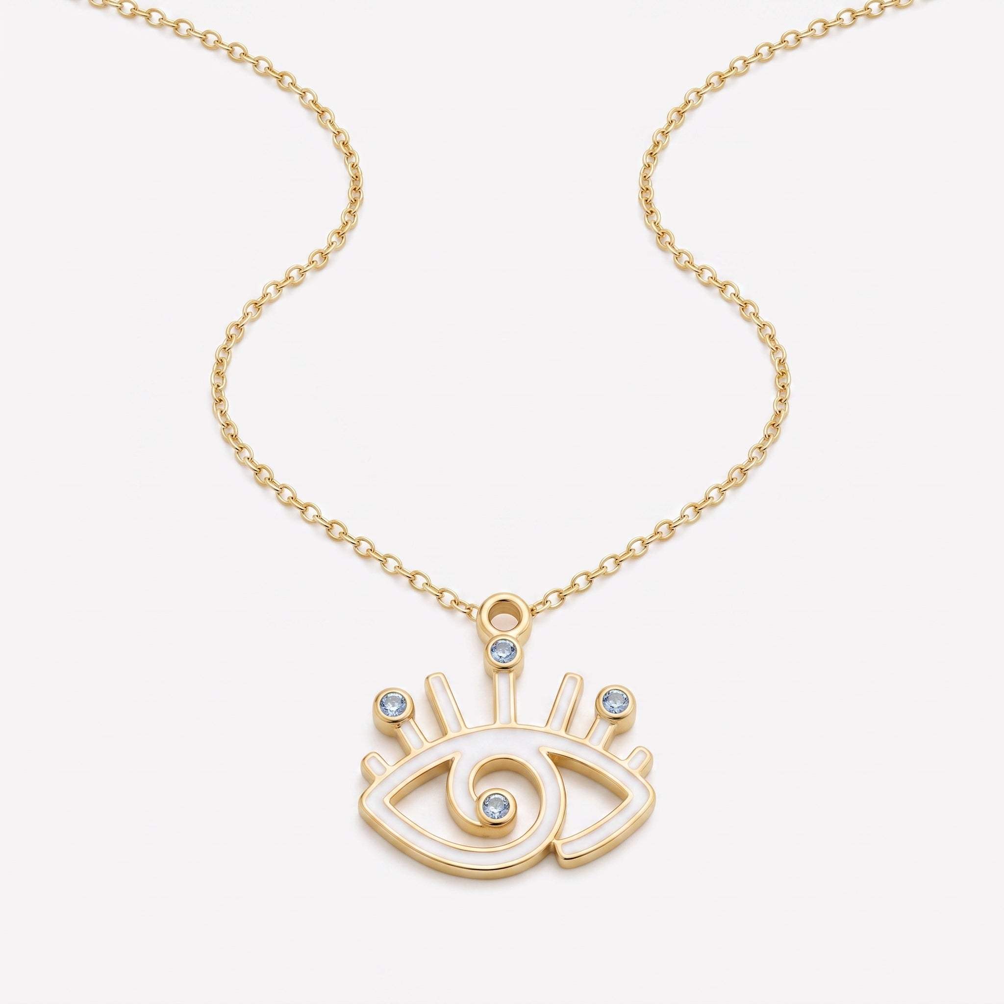 Isis white enamel evil eye pendant necklace on gold chain with blue Swarovski crystal accents.
