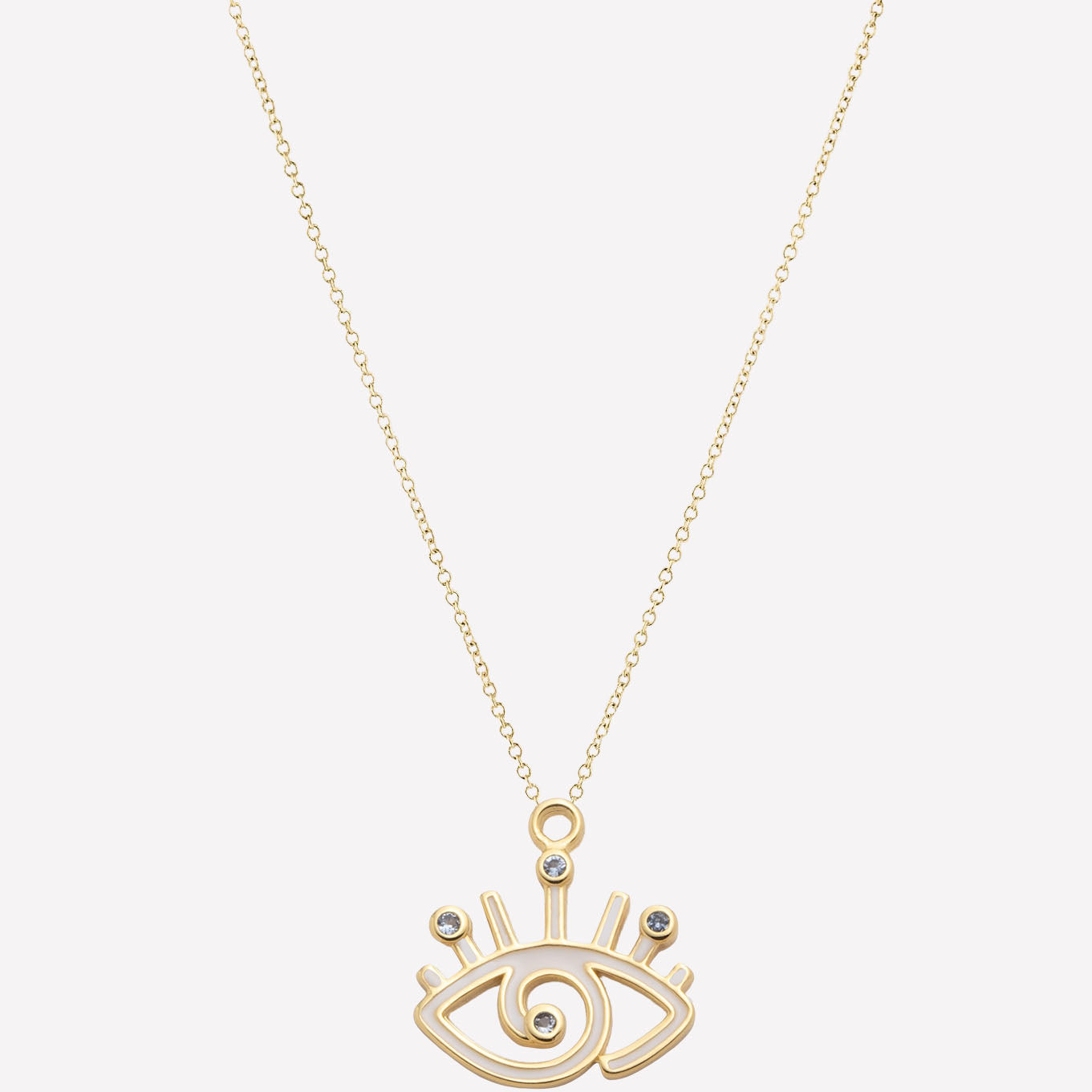 Isis white enamel evil eye pendant necklace with 18k gold plating and blue Swarovski crystals.