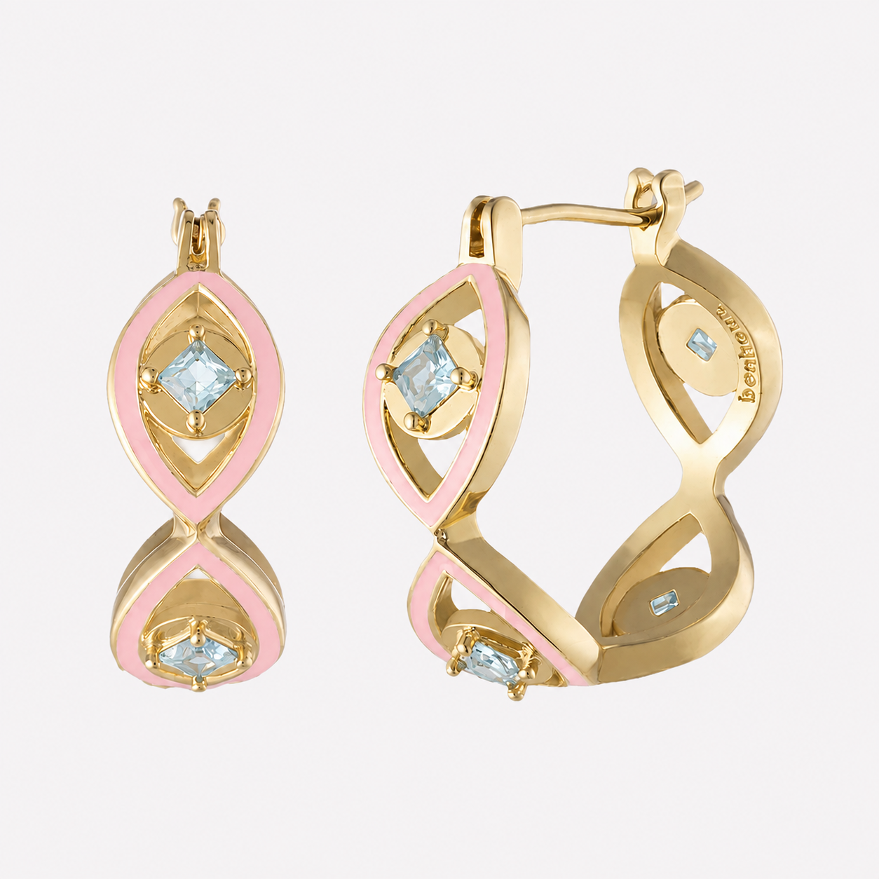 Shiva pink enamel hoop earrings with gold plated hoops and blue Swarovski crystal centers.