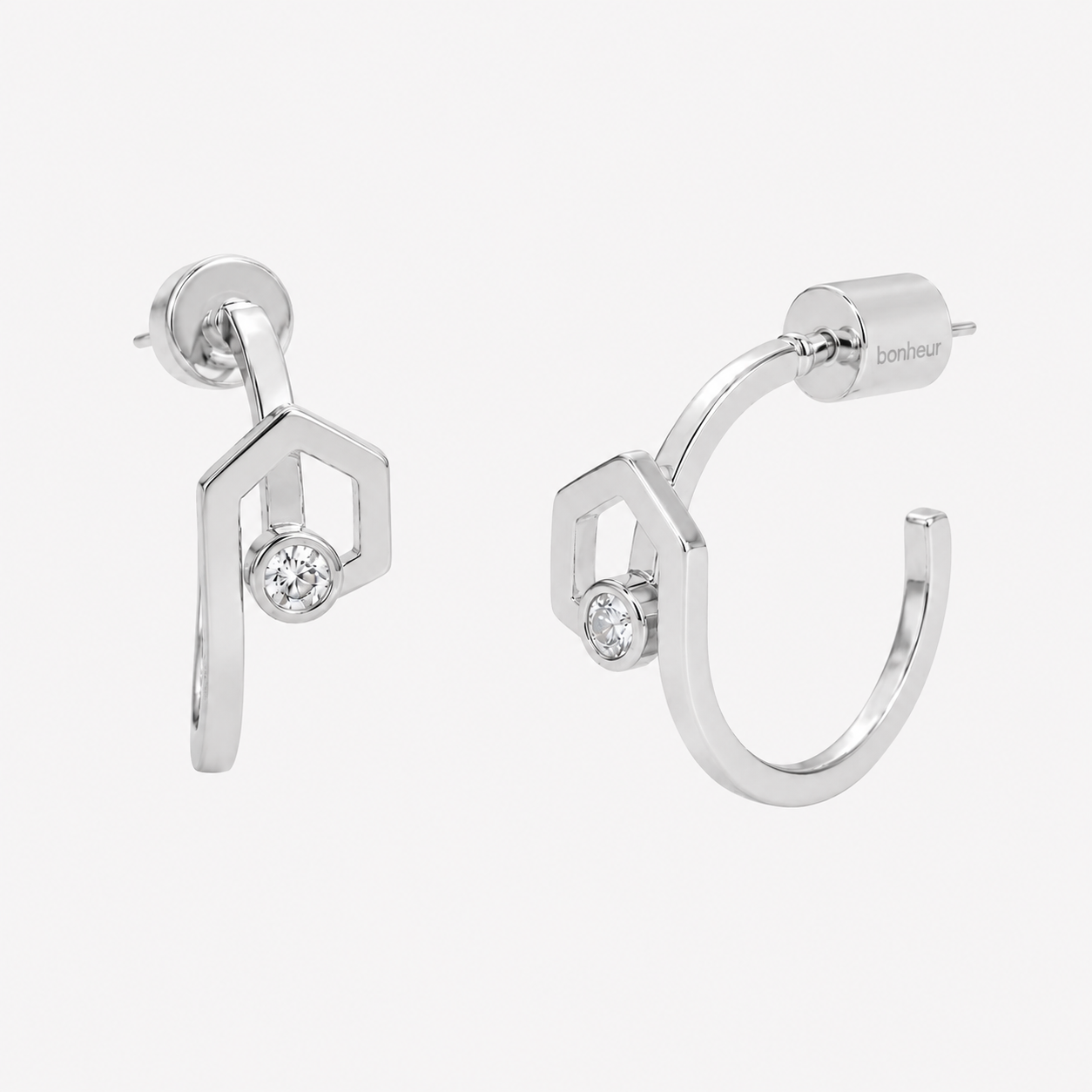 Bonheur Jewelry Julien Small Hoops, gold, rose gold, or rhodium finish, Swarovski crystal, hoop earrings, side view.