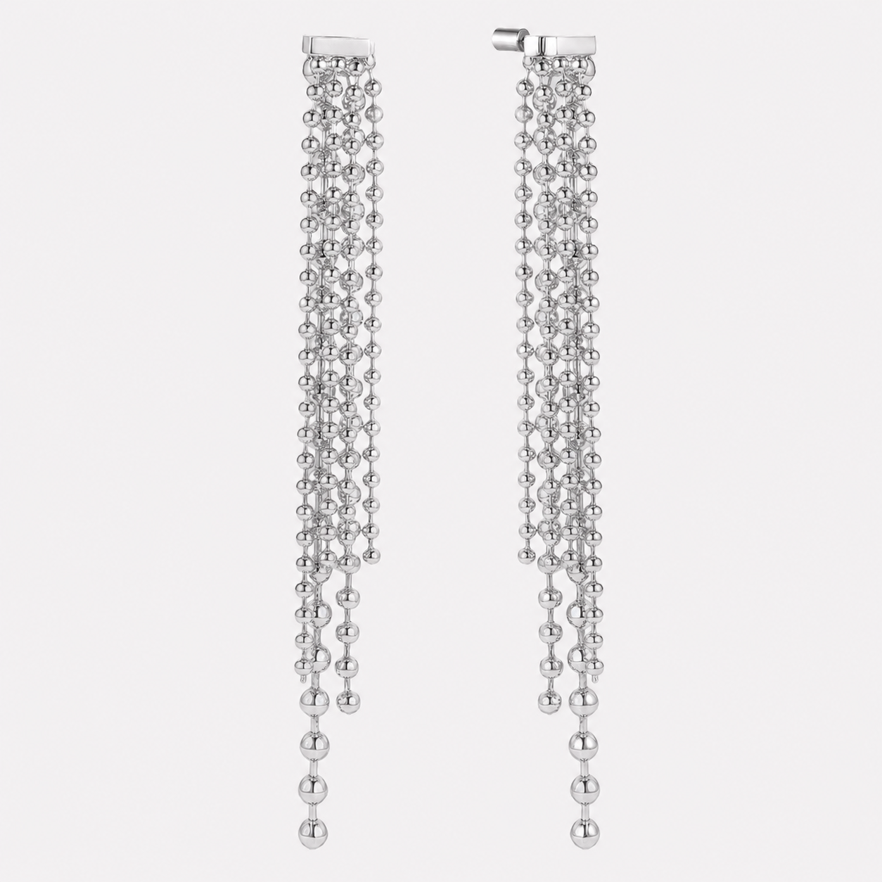 Bonheur Jewelry Taylor Long Beaded Earrings, detachable long beaded earrings in 18k gold plated or rhodium plated brass, front view.