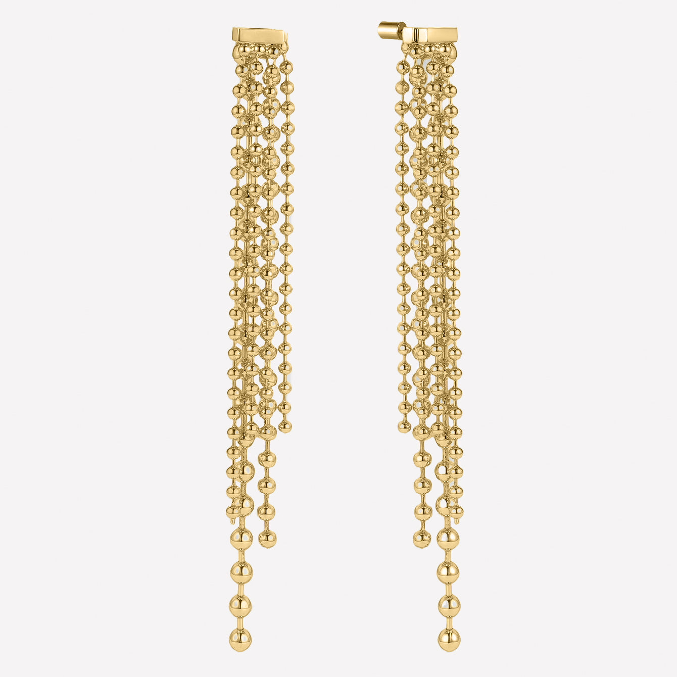 Bonheur Jewelry Taylor Long Beaded Earrings, detachable long beaded earrings in 18k gold plated or rhodium plated brass, front view.
