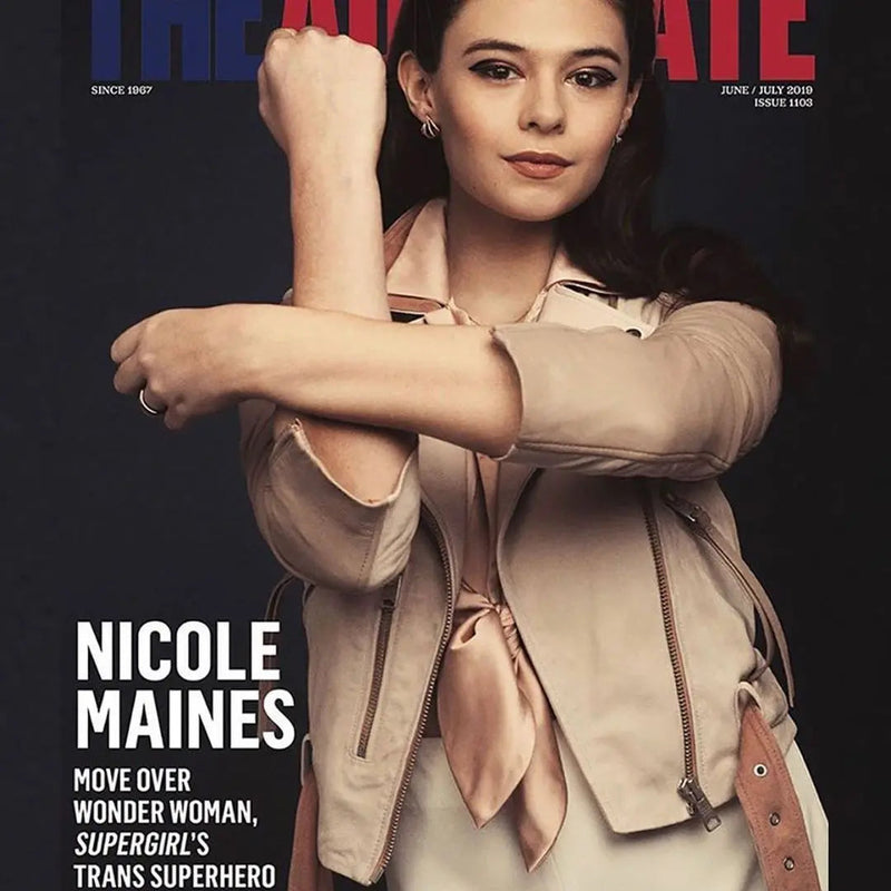 Actress Nicole Maines wearing micro pave huggie earrings on the cover of The Advocate Magazine